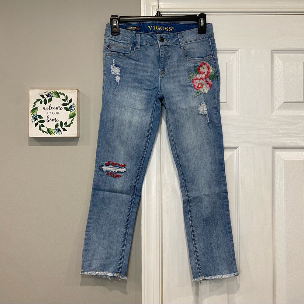 Vigoss Girls The Miami Capri Denim Jeans Embroidered Distressed Size 14 Floral